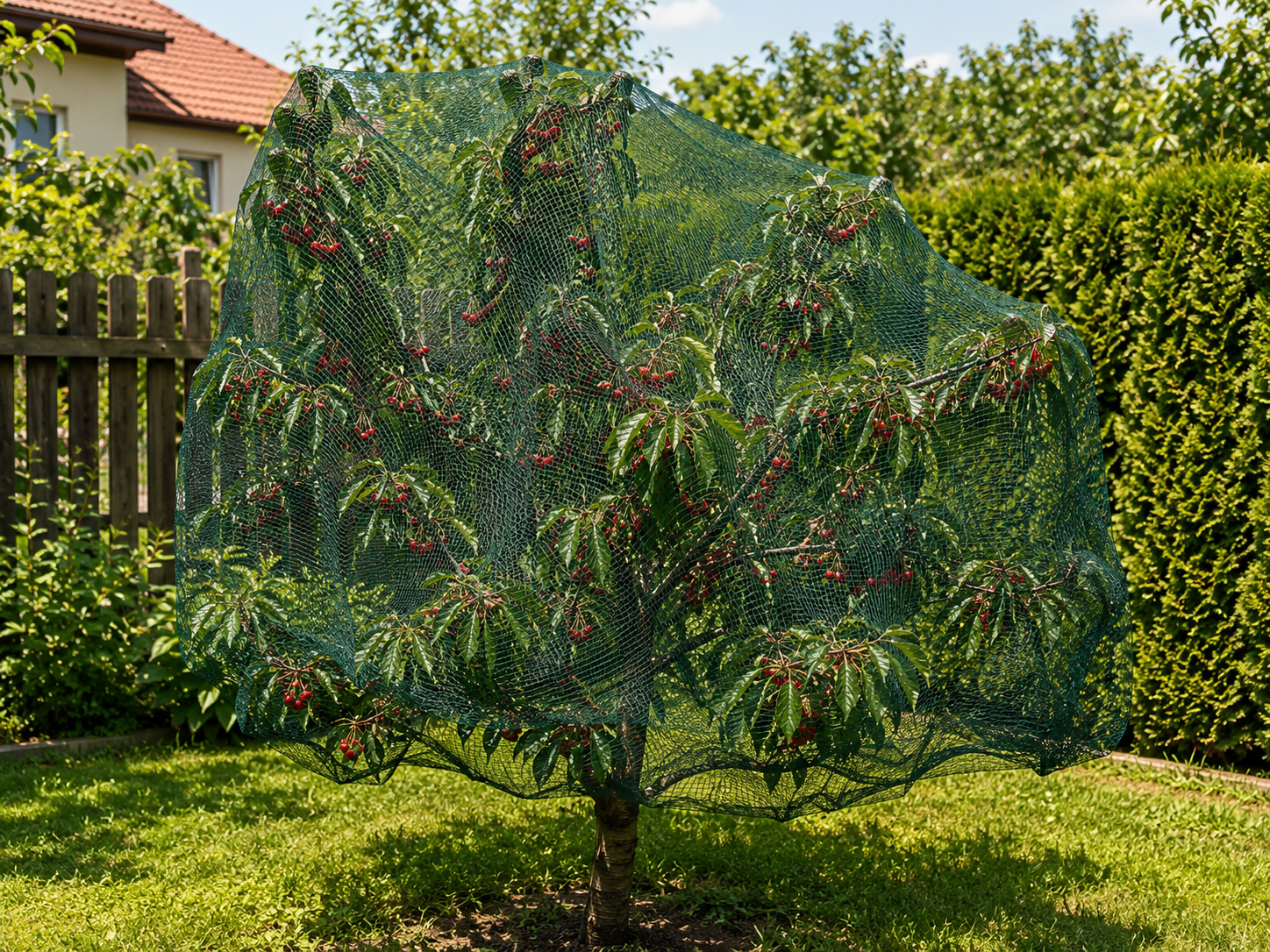 Siatka ochronna narzucona na koronę drzewa owocowego